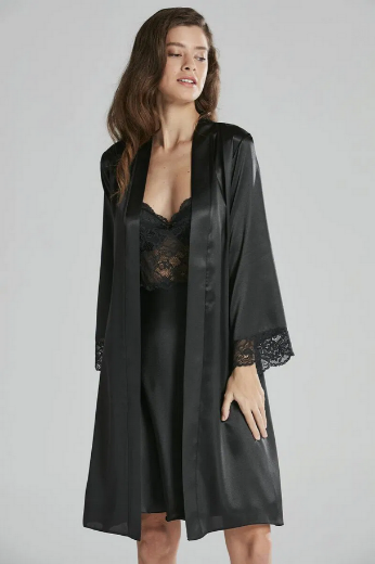 Pierre Cardin Saten Dantelli Kadın Gecelik ve Sabahlık Takımı 4265 Siyah resmi