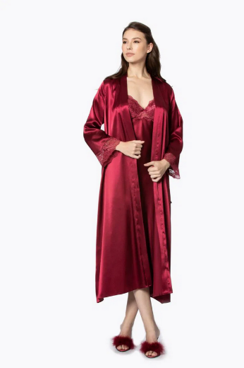 Pierre Cardin Saten Dantelli Kadın Gecelik ve Sabahlık Takımı 4370 Bordo resmi