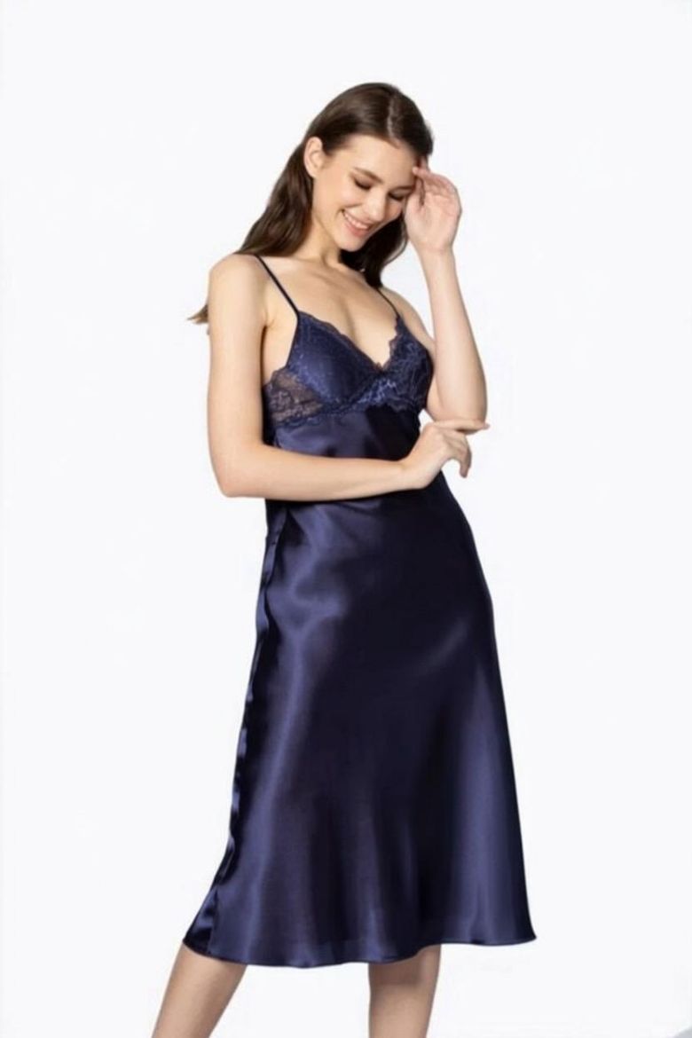 Pierre Cardin Saten Dantelli Kadın Gecelik ve Sabahlık Takımı 4370 Lacivert resmi