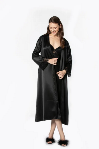 Pierre Cardin Saten Dantelli Kadın Gecelik ve Sabahlık Takımı 4370 Siyah resmi