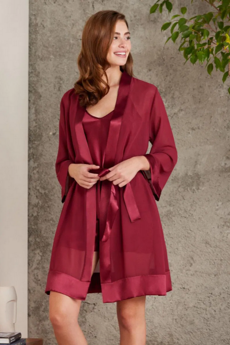 Pierre Cardin Saten Dörtlü Gelin Çeyiz Seti 7085 Bordo resmi