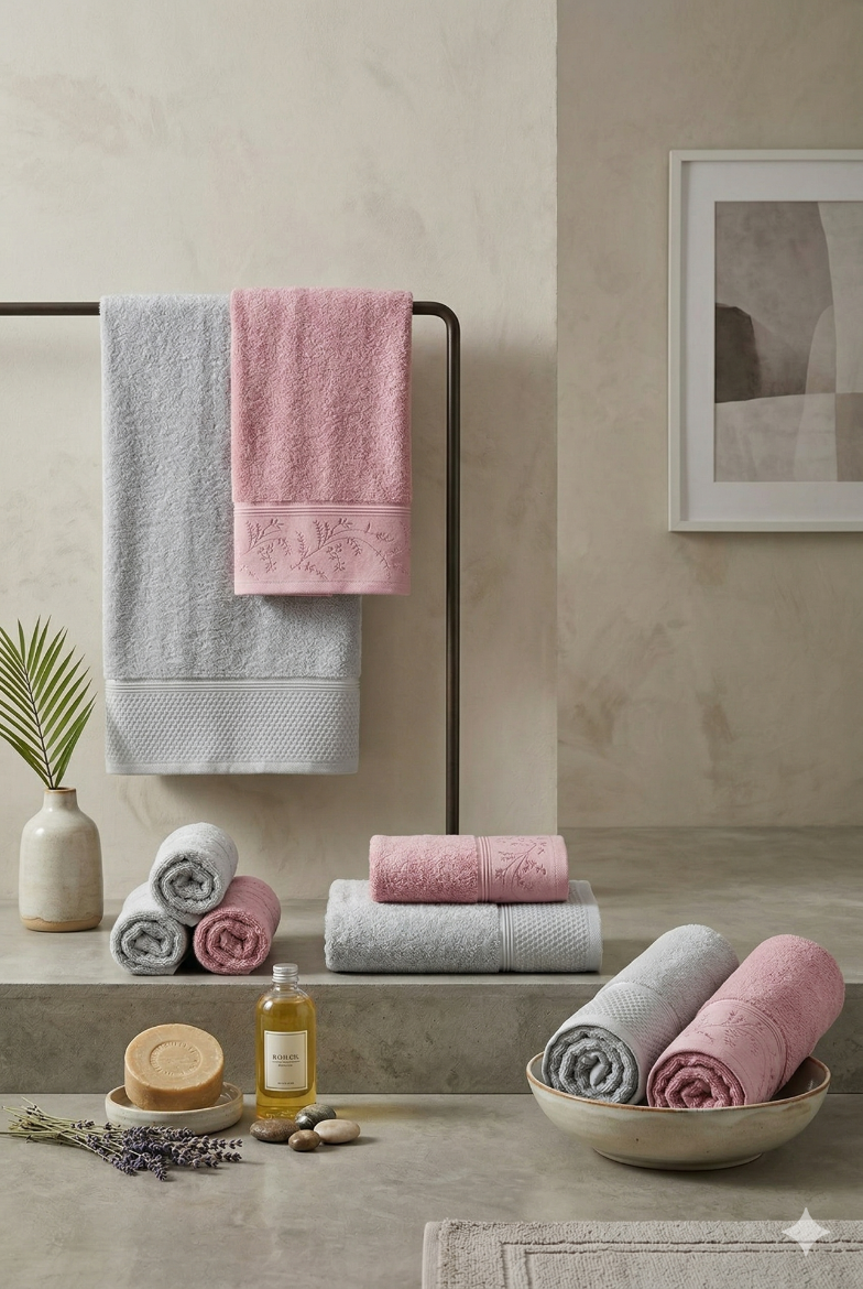 Özdilek Ditsy Hamam Takımı Pembe-Gri resmi