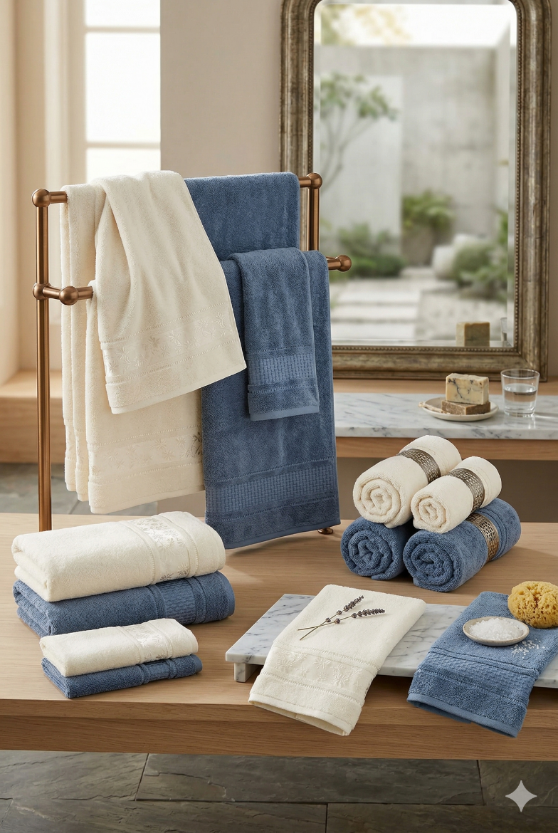 Özdilek Blossom Hamam Takımı İndigo-Krem resmi