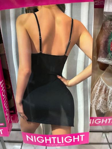 Nightlight Ayarlanabilir İnce Askılı Saten Gecelik - Siyah resmi