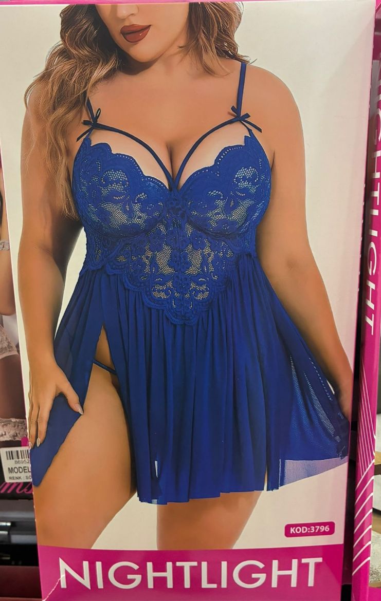 Nightlight Royal Blue Lace Babydoll Nightdress 3796 resmi
