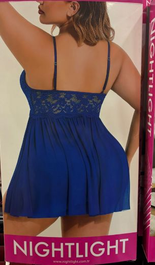 Nightlight Royal Blue Lace Babydoll Nightdress 3796 resmi