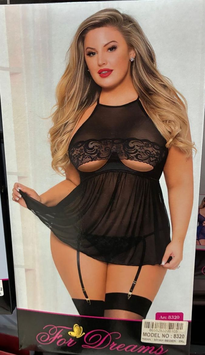 For Dreams Noir Sheer Lace Halter Babydoll Set 8320 resmi