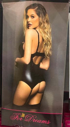 For Dreams Midnight Glossy Strappy Garter Bodysuit Black 8215 resmi